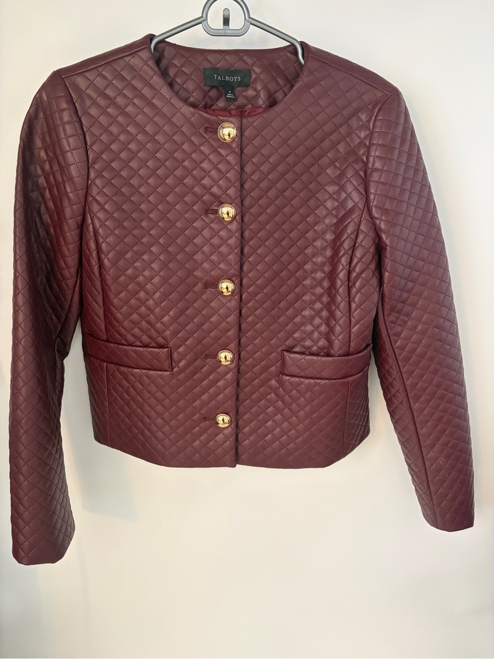 Talbots Mulberry Faux Leather Jacket Burgundy Moto Coat Gold Buttons Size 4 EUC